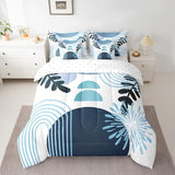 Boho Mid Century Bed in a Bag King Size Comforter Set 7 Pieces Abstract Geometric Modern Minimalist Bedding Sets,Geometric Line Art Sheet Set Circle Graphic Ombre Stripes Room Decor,Teal Blue Erosebridal