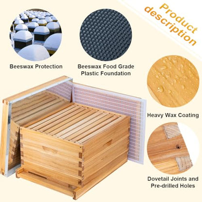 ThxBees 8 Frame Bee Hive Starter Kit, Beehives and Supplies, Beehive Dipped in 100% Beeswax with Frames, Bee Starter Kit Includes Hive Pro Feeder, 2Pcs Bee Keeper Hats, 17Pcs Beekeeping Tool Kit