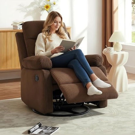 GAOHAPY Rocking Recliner Chair,Modern Swivel Glider Recliner Chair,Corduroy Fabric Upholstery Recliner,Manual Reclining Sofa Chair for Living Room,Office,Apartment (Brown) GAOHAPY