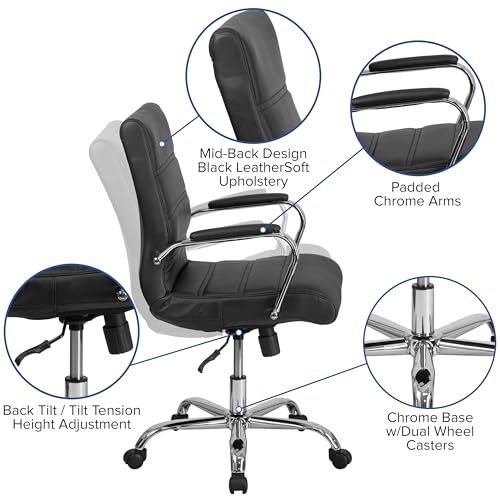 Flash Furniture Whitney Mid-Back Swivel LeatherSoft Desk Chair with Padded Seat and Armrests, Adjustable Height Padded Office Chair, Black Flash Furniture