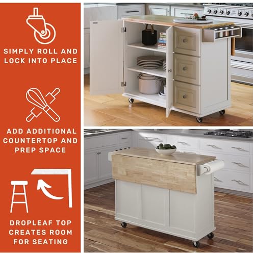 Homestyles Mobile Kitchen Island Cart with Wood Drop Leaf Breakfast Bar, Off White,Soft White, 54 Inch Width