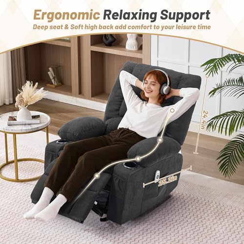 Rocker Recliner Chair with Massage and Heat, Recliner Chair for Adults, Nursery Rocking Chairs for Living Room, Ergonomic Comfy Relining Chair with Cup Holders, USB Charge Port, Side Pockets, Black