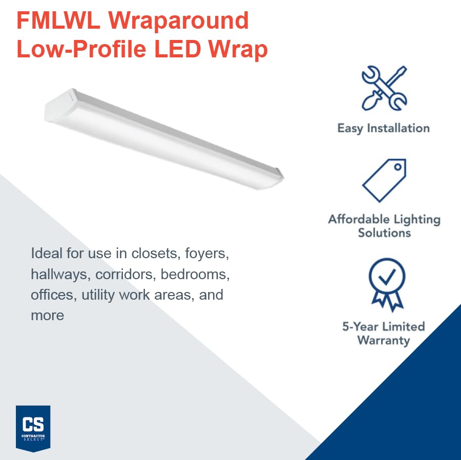 Lithonia Lighting FMLWL 48 840 Low-Profile LED Flush Mount Ceiling Light, Wraparound Lighting Fixture for Kitchen, Laundry Room, Garage, and More, 4-Foot, 4000K Cool White Lithonia Lighting