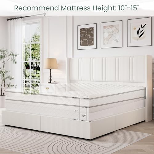 LARMACE Queen Size Bed Frame with 4 Storage Drawers and Wingback Headboard Linen Upholstered Platform Bed Frame with Wooden Slats, Easy Assembly, White LARMACE
