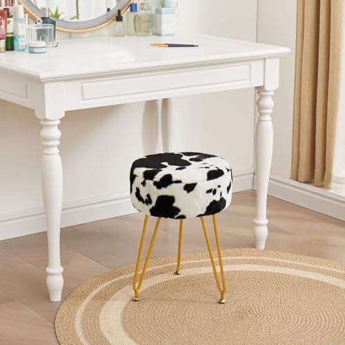 Velvet Vanity Stool Chair, Modern Ottoman Foot Rest Stool with Adjustable Golden Legs, Makeup Chair for Vanity, Multifunctional Makeup Stool for Vanity, Small Vanity Chair for Bedroom, Cow - WoodArtSupply