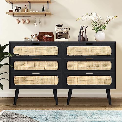 QHITTY Drawer Dresser Set of 2, Rattan Chest of Drawers with 3 Drawers Dresser, Accent Storage Cabinet Modern Bedside Table for Living Room, Bedroom, Entryway (Black) - WoodArtSupply