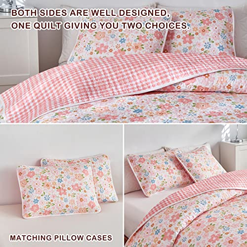 Joyreap 3 Pieces Cotton Quilt Set for Girls, Full/Queen Size Floral Pink Flowers Design, Cozy Lightweight Quilt Bedspread Bed Cover for All Season, 1 Quilt and 2 Pillow Shams- 90x90 inches Joyreap