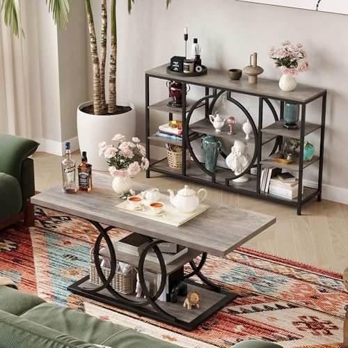 GiftGo 47" Industrial Console Tables for Entryway Rustic Sofa Table Behind Couch 4 Tier Wooden Shelves Entry Table with Storage for Foyer, Hallway, Front Door,Living Room (Retro Grey, 47") GiftGo