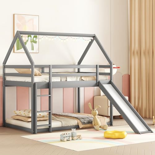 MERITLINE Twin Over Twin House Bunk Beds with Slide, Low Floor Bunk Bed for Kids, Girls, Boys,Grey MERITLINE