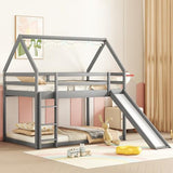MERITLINE Twin Over Twin House Bunk Beds with Slide, Low Floor Bunk Bed for Kids, Girls, Boys,Grey MERITLINE