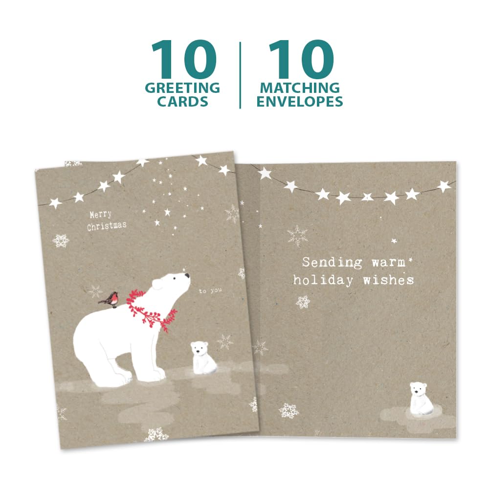 Tree-Free Greetings Holiday Greeting Cards, Polar Bear Merry Christmas, Vintage Brown Recycled Paper, Boxed Note Card Set, 10-Pack (HB93300) Tree-Free Greetings