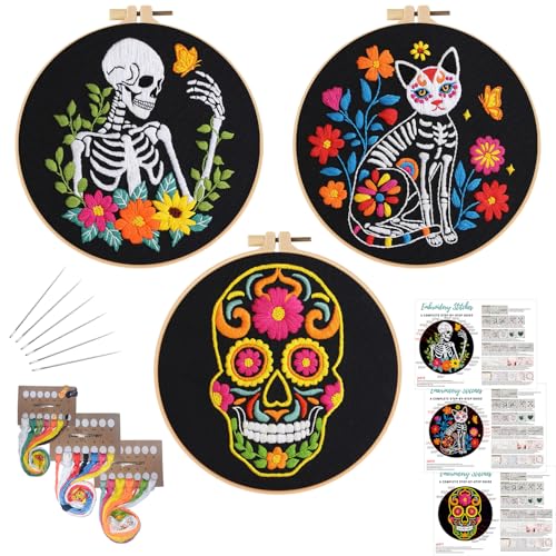 Louise Maelys 3 Sets Halloween Embroidery Kits for Beginners,Cross Stitch Kit for Adults,DIY Starters Needlepoint with Skull Flowers Pattern,Including Instruction