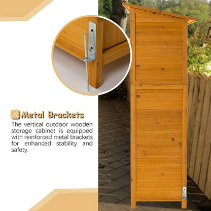 Outdoor Storage Cabinet- Garden Storage Shed- Lockable Wooden Storage Sheds Organizer for Home, Yard, Outdoor 56”L x 19.5”W x 64”H (Natural + Solid Wood)