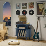 LELELINKY Large Round Record Player Stand with Charging Station & Fluted Panel,Navy Blue Mid Century Modern Turntable Cabinet with Vinyl Storage, Arched Wood Record Player Table for Living Room LELELINKY