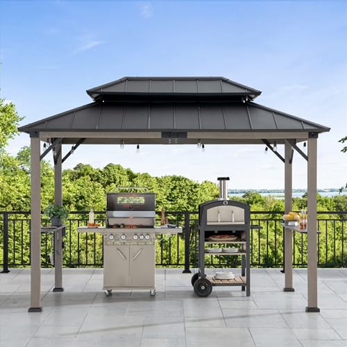 Sunjoy Wooden Grill Gazebo, 8 x 12 ft. Steel Hardtop Outdoor Gazebo for Year-Round Grilling, 2 Full Size Grills, Griddles or Smokers - Cook Station, Barbeque, Built-in Electrical Outlets, Bla - WoodArtSupply