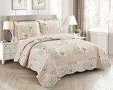 Brilliant Sunshine Rose and Sage Quilt Set, 3-Piece Bedding Sets, Traditional Patchwork Design, Washable and Reversible Bedspread, Soft Lightweight Coverlet, All-Season, Full/Queen, Light Pink Green Brilliant Sunshine