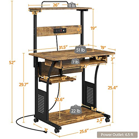 Yaheetech 3 Tiers Rolling Computer Desk on Wheels with Charging Station and Keyboard Tray, Mobile Home Office Desk PC Laptop Workstation with Power Outlet and USB Ports for Home Studying, Rustic Brown Yaheetech