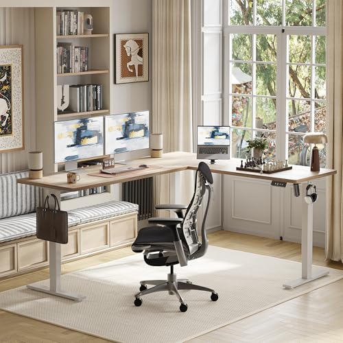 TIQLAB 75 x 61 inch L Shaped Standing Desk Adjustable Height, Electric Corner Standing Desk, Sit Stand Computer Table with Splice Board, Maple TIQLAB