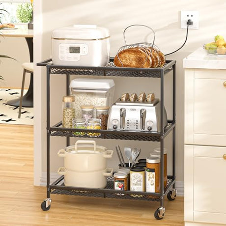 3 Tier Rolling Utility Kitchen Cart, Heavy Duty Wire Rolling Cart on Wheels, Commercial Metal Serving Carts with Handle, Kitchen Island Plant Shelf Food Storage Trolley for Laundry, Office, Garage ThreeHio