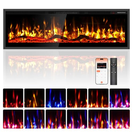 Eueiriup 50" Smart WiFi Electric Fireplace Narrow Bezel in Wall Recessed & Wall Mounted Fireplace Heater with App, Remote Control, Log Flame Option, 750/1500W for Indoor Used Heater Eueiriup