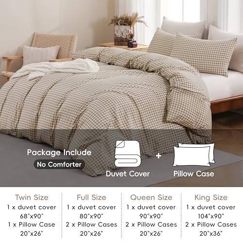 YHJWW Brown Gingham Duvet Cover Bedding Set Prewashed Extra Soft Comfy Breathable 3 Piece Plaid Checkered Grid Vintage Comforter Cover Set Cute Aesthetic (King 104"x90", No Comforter) YHJWW