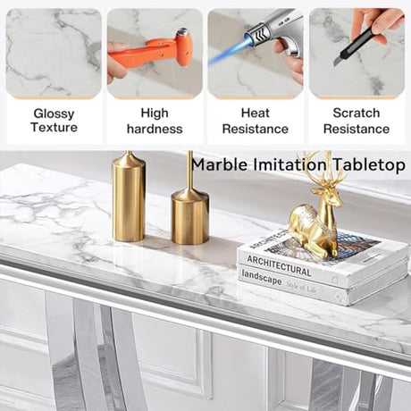 47" Marble Console Table Luxury Silver Sofa Table with Geometric U-Shape Stainless Steel Pedestal Modern Long Console Sofa Table White Marble Entryway Hall Table for Living Room Hallway Goujxcy