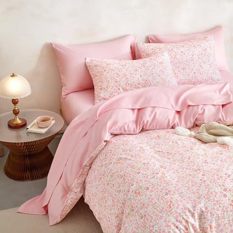 Wake In Cloud - Floral Comforter Set with Sheets, Cute Vintage Flower Cottagecore Aesthetic for Women Teen Girls, 7 Pieces Bed in a Bag, Pink, Queen Size Wake In Cloud