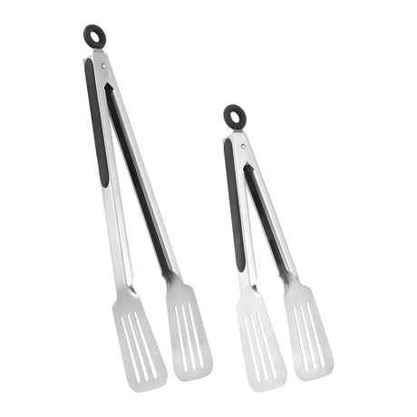 Lebabo Metal Tongs for Cooking, Set of 2 Stainless Steel Spatula Tongs for Grilling, Cooking and Flipping, Strong Grip for Ribs, Steak and Fish, Comfortable Grip, Easy Pull Lock, 9 inch & 12 inch Lebabo