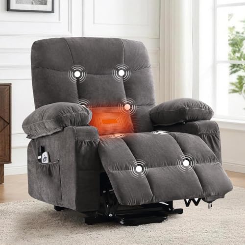 PoteSoar Power Lift Recliner Chair for Elderly with Massage and Heat, Comfortable Electric Power Reclining Chair with Side Pockets,2 Cup Holders and USB Charging Port for Living Room (Grey)