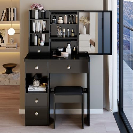 Montary 29.2" Small Size Vanity Desk with Drawers & Sliding Mirror, Cushioned Stool Included, Multi-Layer Storage, Hidden Compartments,Practical & Fashionable Dresser for Small Spaces,Black Montary
