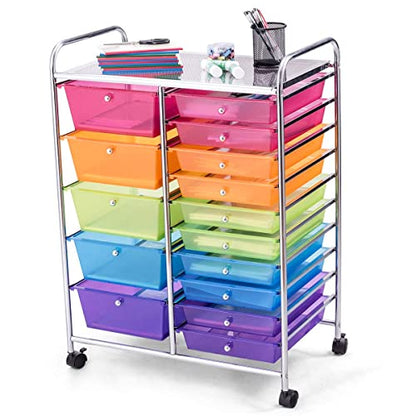 GOFLAME 15-Drawer Rolling Storage Cart, Multipurpose Movable Organizer Cart, Utility Cart for Home, Office, School, Rainbow - WoodArtSupply