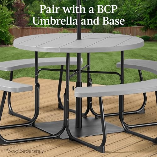 Best Choice Products 8-Person Outdoor Bench Patio Picnic Table, Circular w/ 4 Built-in Benches and Umbrella Hole, 2000lb Capacity - Light Gray Best Choice Products
