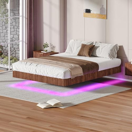 Bellemave Queen Floating Bed Frame with LED Lights, Walnut Wood Floating Bed Frame Queen, Wave Curve Wood Texture Bed with Heavy Duty Metal Slats Bellemave