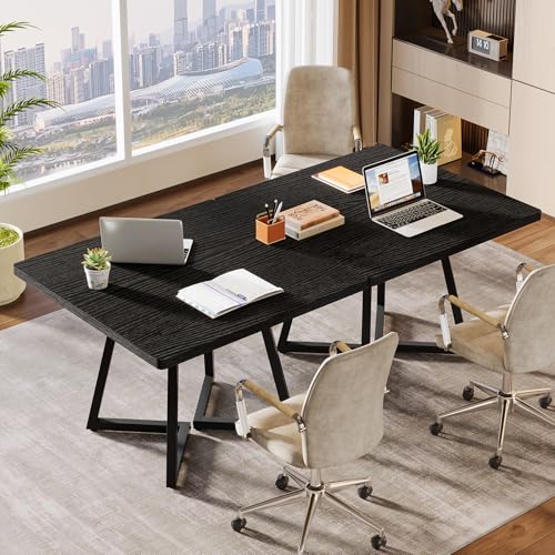 Tribesigns 31.5" Square Conference Table, Industrial Office Meeting Table for 4 People, Business Podcast Furniture with Metal Base for Small Spaces, Office Conference, Black Tribesigns