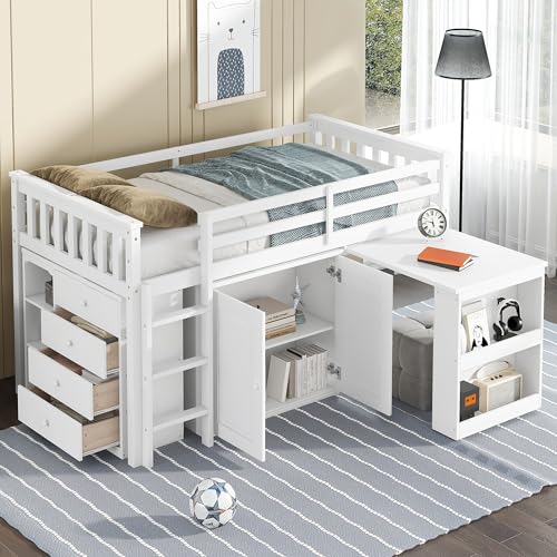 KEIKI Twin Low Loft Bed with Pull-Out Desk, Rubberwood Loft Bed with Storage Cabinets, Drawers & Shelves, Space-Saving Twin Bed for Kids, White KEIKI