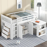 KEIKI Twin Low Loft Bed with Pull-Out Desk, Rubberwood Loft Bed with Storage Cabinets, Drawers & Shelves, Space-Saving Twin Bed for Kids, White KEIKI