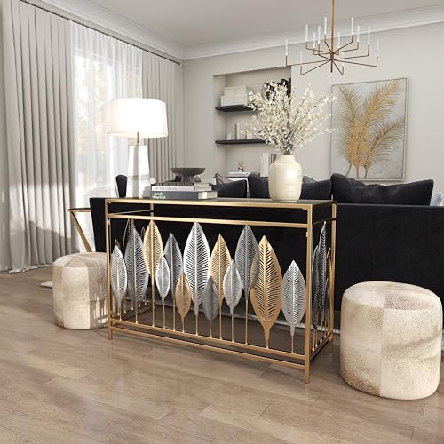 Deco 79 Metal Leaf Console Table with Mirrored Glass Top and Silver Accents, 44" x 16" x 30", Gold Deco 79