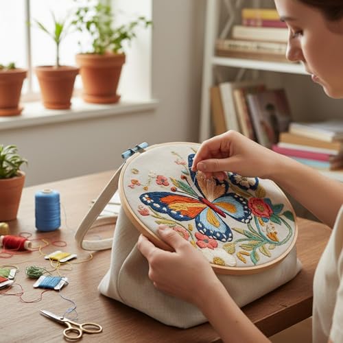 ARTopet Embroidery Tote Bag Kit for Beginners Butterfly Canvas Cross Stitch Handbag with Hoops Needles Threads Reusable Grocery Bag for Women-Butterfly03