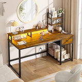 EnHomee 44 Inch Computer Desk with Hutch and Drawers,Reversible Home Office Desk with Monitor Shelf,Small Gaming Desks with USB Power Outlets,Writing Table for Office with LED Lights,Rustic Brown EnHomee