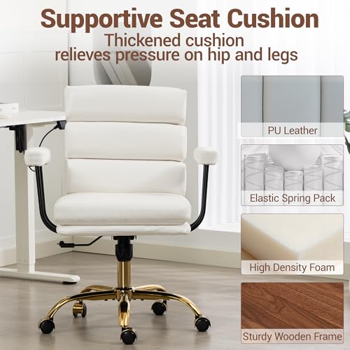 WiNVO Faux Leather Home Office Desk Chair, Gold Base Makeup Vanity Chair with Wheels, Padded Seat and Armrests, Adjustable Height Swivel Executive Computer Chair, White WiNVO