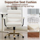 WiNVO Faux Leather Home Office Desk Chair, Gold Base Makeup Vanity Chair with Wheels, Padded Seat and Armrests, Adjustable Height Swivel Executive Computer Chair, White WiNVO