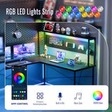 Pamray 60 Inch L Shaped Gaming Desk with LED Lights and Power Outlets Reversible Corner Computer Desk with Pegboard Storage Shelves Home Office Table for Work Study Black Pamray
