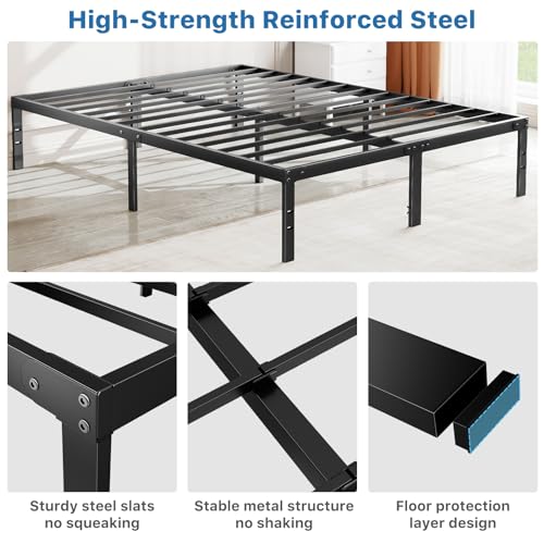 OLIXIS Metal Queen Bed Frame - 14in High with Storage Space, No Box Spring Needed with Sturdy Steel Slat Support, 2200LBS Heavy Duty for Easy Assembly, Black for Bedroom OLIXIS