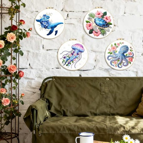 BEUNITONE 4 Pack Beginner Embroidery Kit for Adults, Mysterious Marine Animals Flowers Pre-Stamped Pattern Needlepoint Kits with Hoop & Instruction, Hand Embroidery Kits for Fabric and Home Decor BEUNITONE