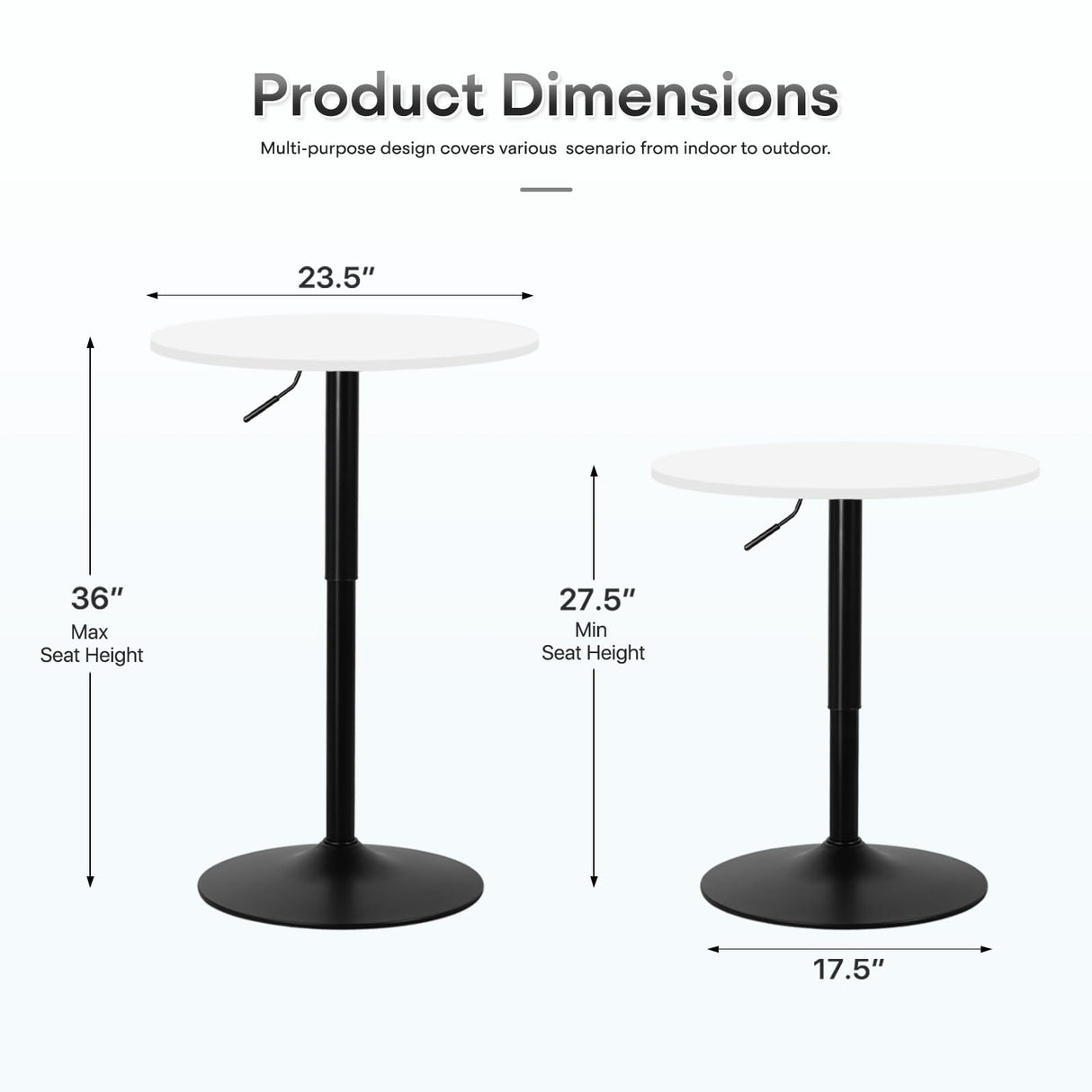 Athena Collection Round Bar Table, Adjustable Height Pub Table, 23.5'' Plain White Design High Top Table with MDF Desktop, for Bar/Pub/Bistro/Cocktail (White) Athena Collection