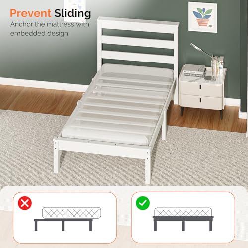 VINGLI LED Twin Bed Frame Set of 2 Solid Wood Platform Single Bed with Headboard Shelf USB Charging Station,Panel Bed, Wood Slat Support Mattress Foundation, White VINGLI