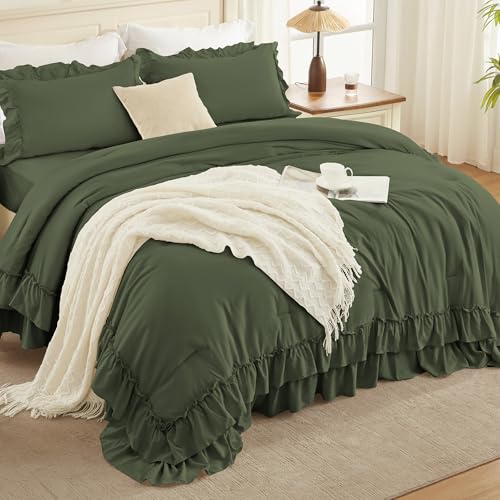 Andency Olive Green Twin Size Comforter Set (66x90Inch), 2 Pieces Fluffy Shabby Chic Ruffle Bedding Comforter Sets, All Season Soft Lightweight Bedding Set for Kids, College Dorm