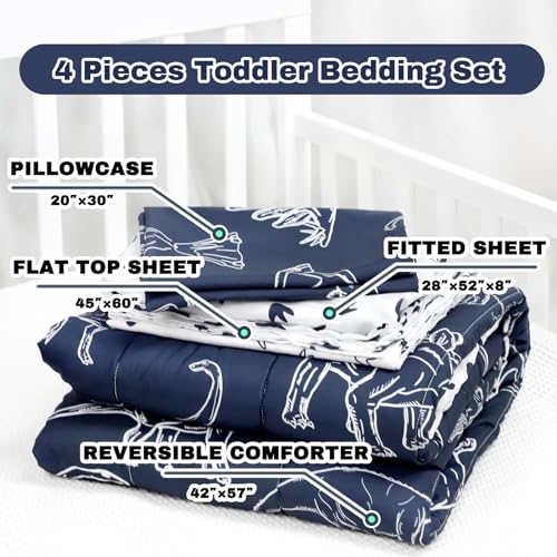 Jundetye 4 Pieces Dinosaur Toddler Bedding Set for Boys, Soft Breathable Toddler Comforter Set, Dino Print Navy, Includes Reversible Comforter, White Fitted Sheet and Flat Sheet, Pillowcase Jundetye