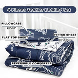 Jundetye 4 Pieces Dinosaur Toddler Bedding Set for Boys, Soft Breathable Toddler Comforter Set, Dino Print Navy, Includes Reversible Comforter, White Fitted Sheet and Flat Sheet, Pillowcase Jundetye