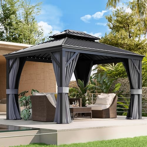 Aoxun 10' x 12' Hardtop Gazebo, Galvanized Steel Double Top, Aluminum Gazebo, Outdoor Metal Gazebo with Privacy Curtains and Mosquito Netting, for Parties, Gardens, Decks, Patios, Lawns